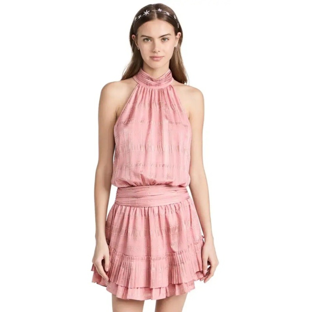 Ramy Brook Lowri Dress Flirt Pink Silk Blend Halter Ruffle Mini Size Large NWT